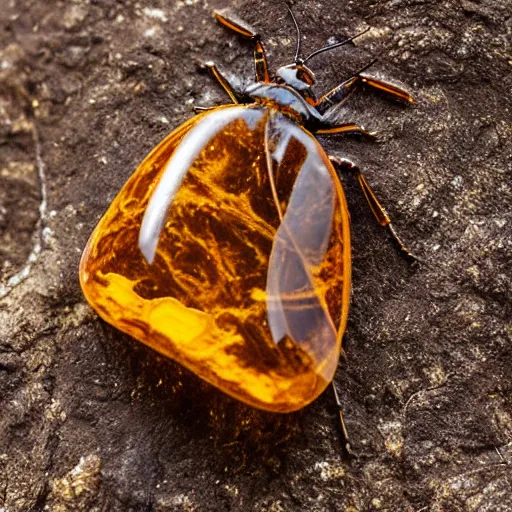 Prompt: insects completely encased in fossilized amber