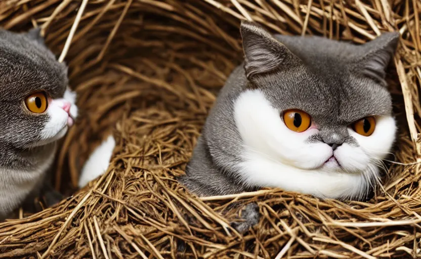 Prompt: An exotic shorthair cat guarding it's eggs in a nest with a wren, nest is made of sticks. the cat has wings, feathers wings, documentary, national geographic, odd, depth of field, photorealistic