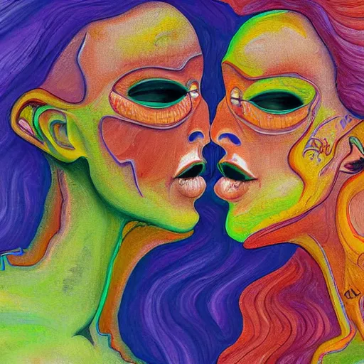 Image similar to expressive painting by francesca sundsten of two bizarre psychedelic femme creatures kissing each other closeup. they are part of an alien landscape. speculative evolution, exobiology