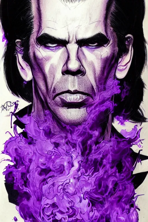 Image similar to full body portrait of nick cave with a lot of purple smoke coming out of his mouth, concept art, sumi - e style, intricate linework, artstation, trending, highly detailed, smooth, focus, art by yoji shinkawa and glenn fabry,