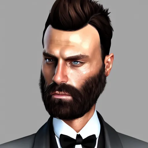 Prompt: a highly detailed portrait of a man, with a brown short beard and short hair, blue eyes, wearing a tuxedo, artstation, deviantart, professional, unreal engine 5, photorealistic