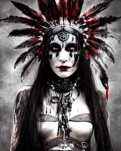 Image similar to lady native sisters ghost - spirit of the grim - warpaint wears the scarlet skull armor and native blood headdress feathers, midnight fog - mist!, dark oil painting colors, realism, cinematic lighting, various refining methods, micro macro autofocus, ultra definition, award winning photo, photograph by ghostwave - gammell - giger - shadowlord