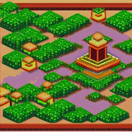 Image similar to a pixelart scene of an isometric jungle temple