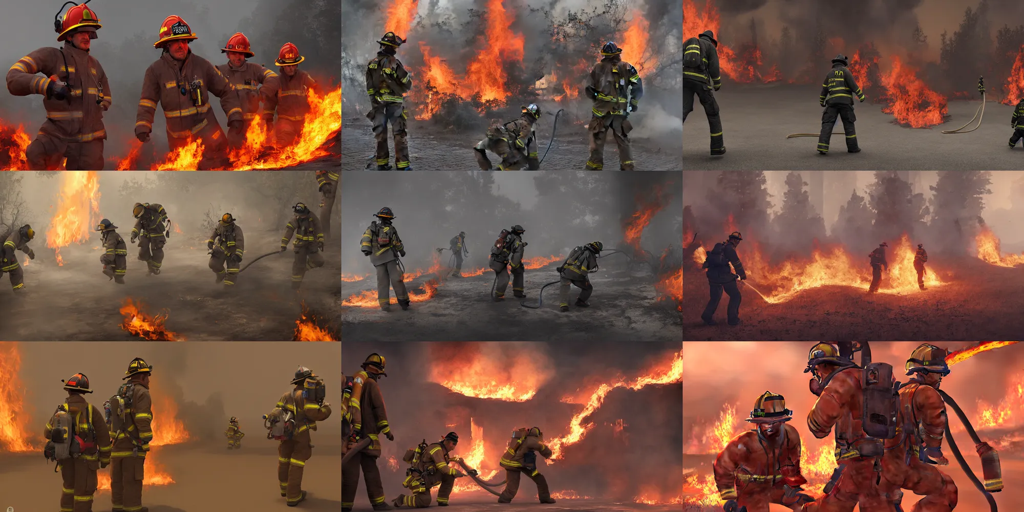 Prompt: a man trying to put off fires, while new ones appear from behind. realistic, 8 k, artstation