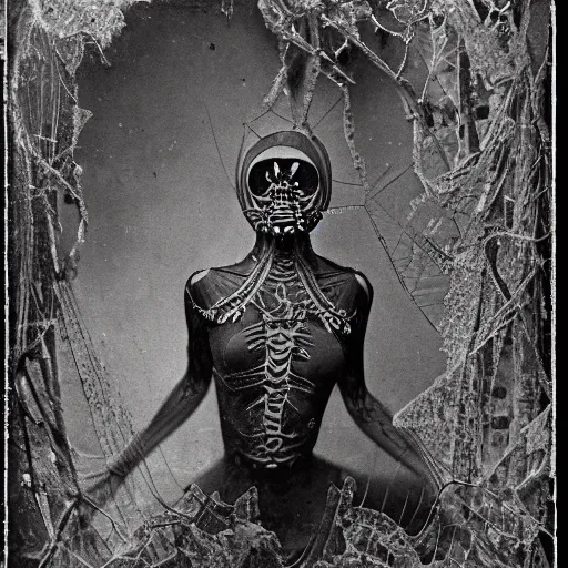 Prompt: 1860 photo of an ancient fractal spider-woman-demon on an abandoned factory on the middle of a forest, spooky , devouring the human soul, veins, arteries, intricate, golden ratio, full frame, microscopic, elegant, highly detailed, ornate, ornament, sculpture, elegant , luxury, beautifully lit, ray trace, 3d, PBR