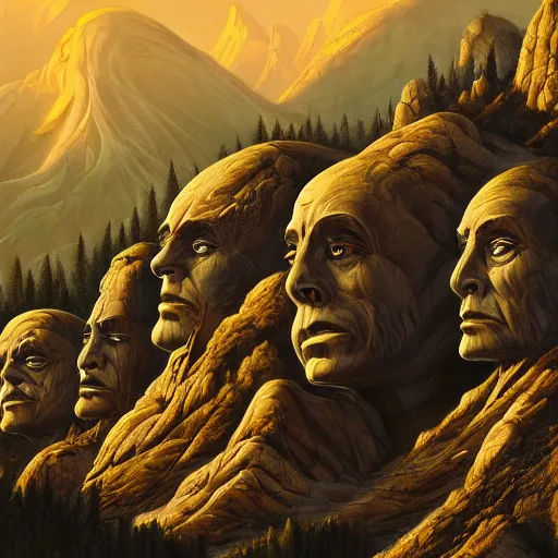Image similar to highly detailed professional landscape painting of alien bust carved into the mountains in the style of mount rushmore, trending on artstation, ultra detail, atmospheric lighting, sci - fi, futuristic, cyberpunk