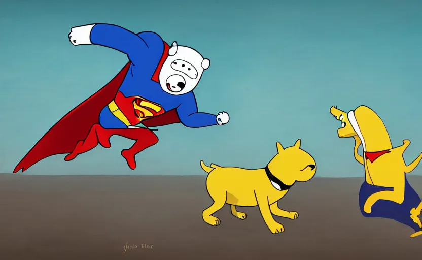 Image similar to painting of Jake the dog from adventure time fighting superman , adventure time versus DC, hand to hand combat, concept art, high detail, 4k