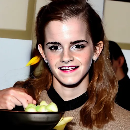 Prompt: emma watson inside a goulash soup bowl