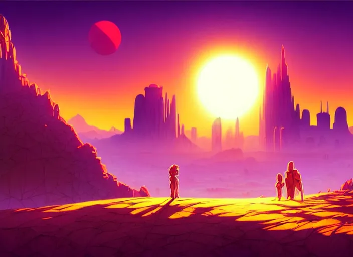 Image similar to cel shading, science fiction pc game point - and - click adventure, a whispered world by daedelic, desert with city in the skyline, two suns, purple orange colors, sharp focus, illustration, highly detailed, digital painting, concept art, matte, art by wlop and artgerm and greg rutkowski, masterpiece