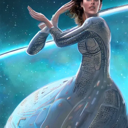 Prompt: Jennifer connelly as a stunning , beautiful retro SCI-FI space heroine 1985 , star ship taking off in the background , movie poster, intricate, elegant, highly detailed, centered, digital painting, trending on artstation, concept art, smooth, sharp focus, illustration, art by illustration, Unreal Engine 5, 8K, art by artgerm and greg rutkowski and alphonse mucha WLOP