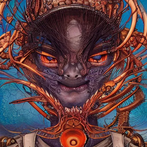 Prompt: portrait closeup of crazy avatar, symmetrical, by yoichi hatakenaka, masamune shirow, josan gonzales and dan mumford, ayami kojima, takato yamamoto, barclay shaw, karol bak, yukito kishiro