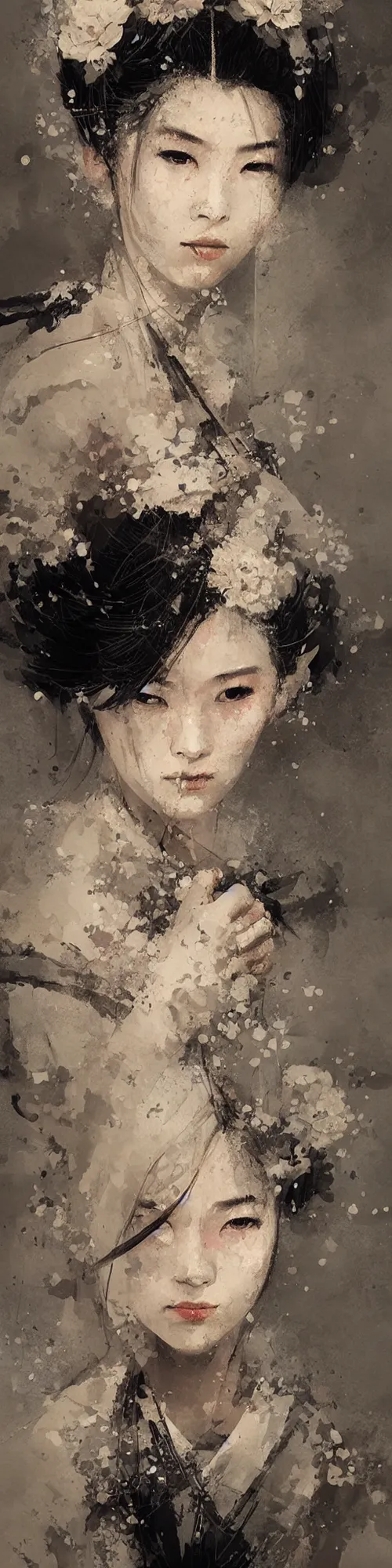 Image similar to female geisha girl, beautiful face, rule of thirds, intricate outfit, spotlight, by greg rutkowski, by jeremy mann