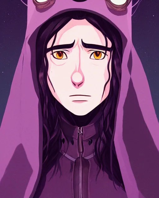 Prompt: digital illustration portrait of howl pendragon, long black hair, gothic, studio ghibli, wearing a purple hood, beard, howl's moving castle, dramatic lighting, by ilya kuvshinov, lois van baarle, rossdraws, basquiat