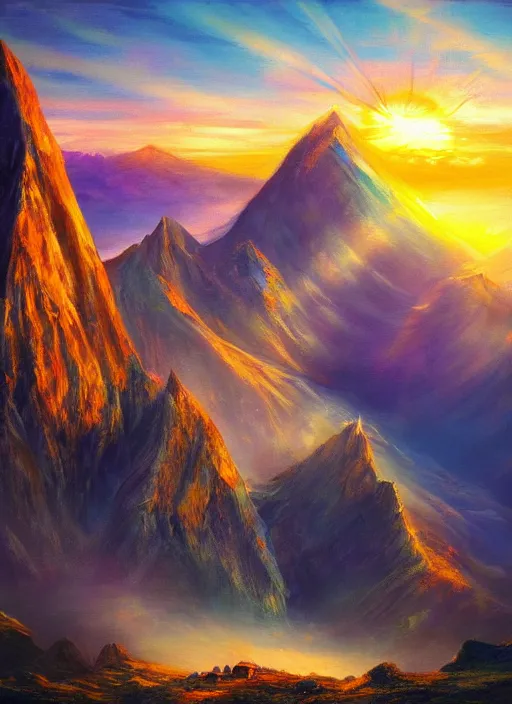 Image similar to a beautiful concept art painting of a sunrise on a peruvian mountain, beautiful lighting, fantasy art