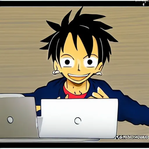 Prompt: luffy working in his laptop top