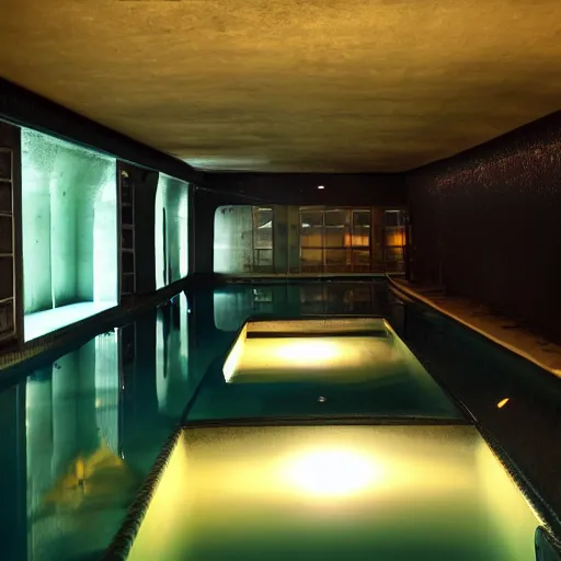 Prompt: underground hotel pool, dingy, dark lighting, liminal space,