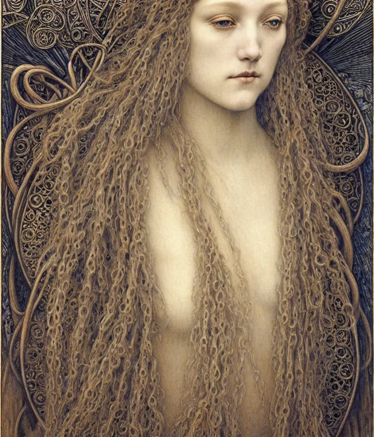 Image similar to detailed realistic beautiful young medieval queen face portrait by jean delville, gustave dore and marco mazzoni, art nouveau, symbolist, visionary, gothic, pre - raphaelite. horizontal symmetry