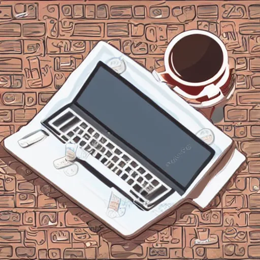 Image similar to photorealistic illustration of a person using a computer happily while drinking coffee