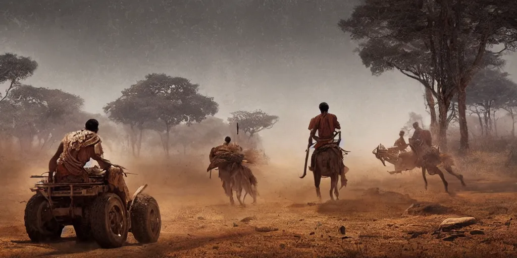 Image similar to photorealistic high speed photo ancient indian tribesman hunting on atv, wooden wheels, hunting buffalo herd ,attacking, chase, action scene, an epic fantasy, dramatic lighting, cinematic, establishing shot, extremely high detail, photorealistic, cinematic lighting, artstation, octane render, by simon stalenhag, horizon forbidden west,old photo, high speed photography, vintage, extreme sports