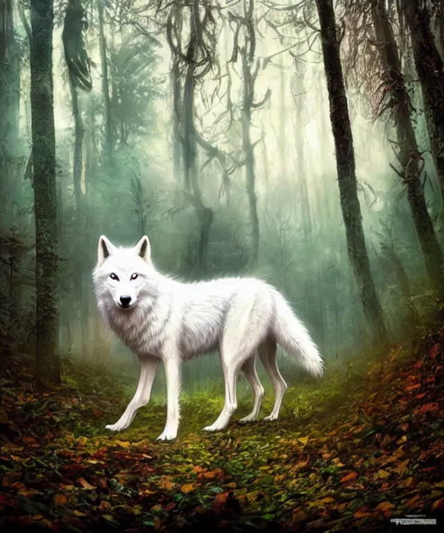 Prompt: a realistic white wolf, walking through a psychedelic forest, wide angle landscape shot, pixar style by tristan eaton stanley artgerm and tom bagshaw