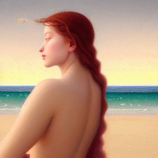 Prompt: a ultradetailed beautiful painting of a young german australian woman at a beach by hsiao ron cheng, ngai victo, nivanh chanthara jean delville wlop and dougherty patrick, trending onv artstation, light sparkles, major arcana sky, sharp focus, soft light