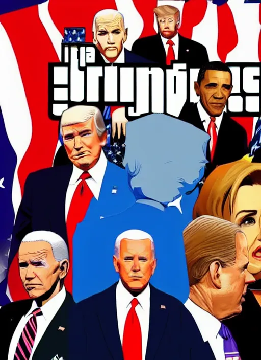 Image similar to GTA Cover Art, Obama, Biden, Trump, Pelosi, Schumer, Pence