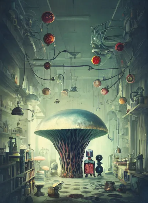 Prompt: a lively and whimsical dark apothecary, cinematic framing, where chrome robots shop grows from the stalk of a giant mushroom, cgsociety, siggraph, dystopian scifi, concept art, set design, oleg oprisco, conrad roset, anka zhuravleva, gediminas pranckevicius, cornell, kawasaki