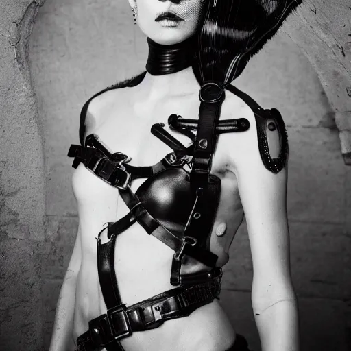 Prompt: fashion photography of an extraterrestrial model, holding a leather whip, wearing demobaza fashion, inside berghain, berlin fashion, harness, futuristic fashion, dark minimal outfit, photo 3 5 mm leica, hyperdetail, berghain, 8 k, very detailed, photo by nick knight