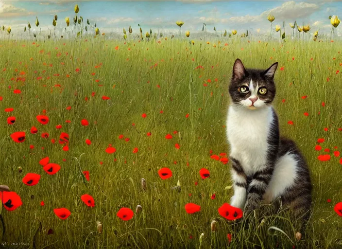 Image similar to the cat in the field from : meadow flowers, dandelions, poppy, tulip, chamomile, hyperrealism, no blur, 4 k resolution, ultra detailed, style of ivan shishkin, tyler edlin, tom bagshaw, arthur rackham,