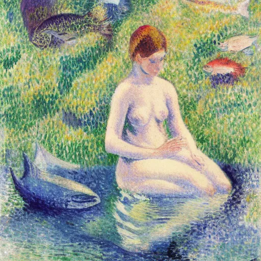 Image similar to young woman dreaming of bubbles and fish, concept art, gouache, camille pissarro