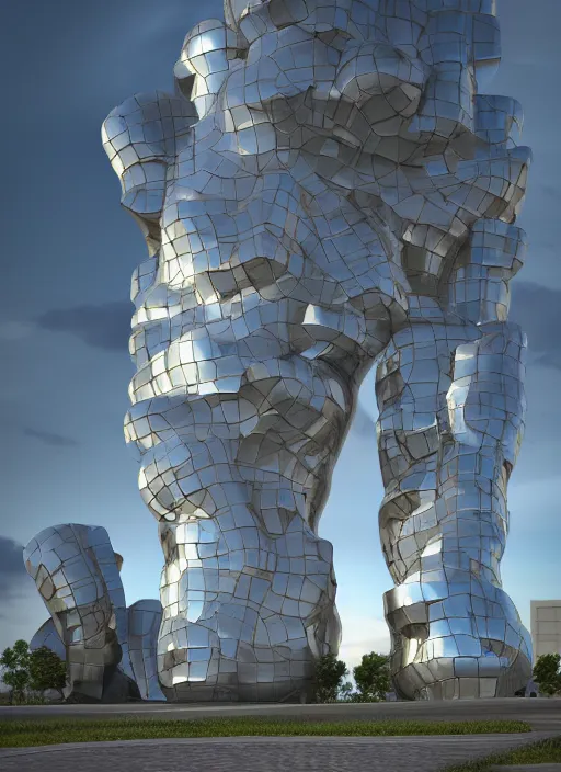 Image similar to highly detailed realistic architecture 3 d render of a futurisctic stele monument made from spheres in frank gehry style standing near a highway, archdaily, made in unreal engine 4 octane render