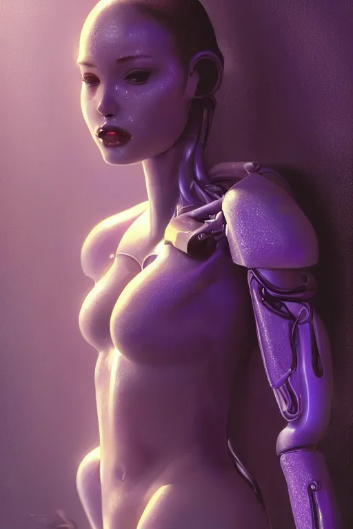 Image similar to attractive female i robot sticking tongue out sensually and sweating, torso portrait, intricate, elegant, purple volumetric lighting, scenery, digital painting, highly detailed, artstation, sharp focus, illustration, concept art, luis rollo, ruan jia, steve mccurry, john berkey