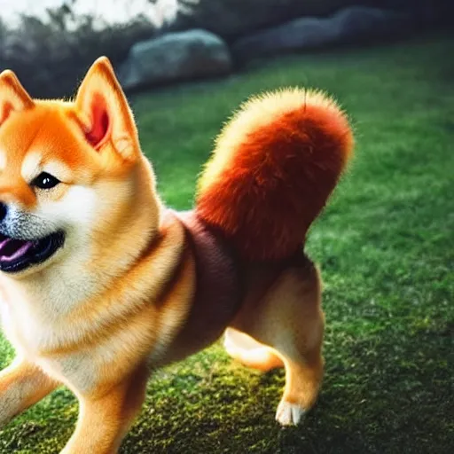 Image similar to real life super saiyan shiba inu with glowing yellow fur shooting a kamehameha energy beam