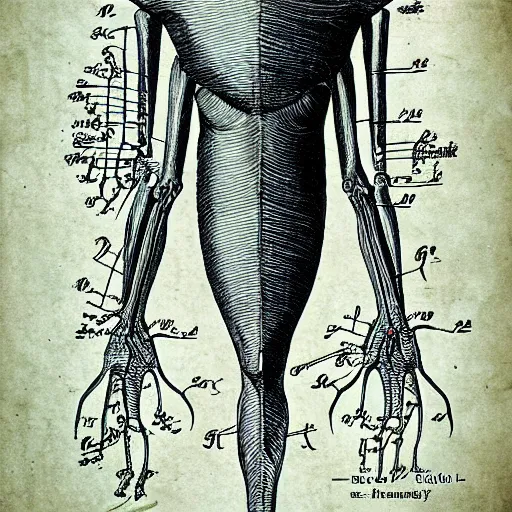 Image similar to 1 2 century scientific schematics alien anatomy, handwriting annotations!!!, blueprint, patent registry