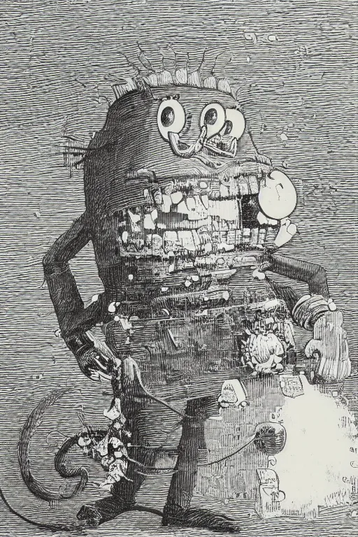 Prompt: portrait of SpongeBob SquarePants, Gustave Dore lithography