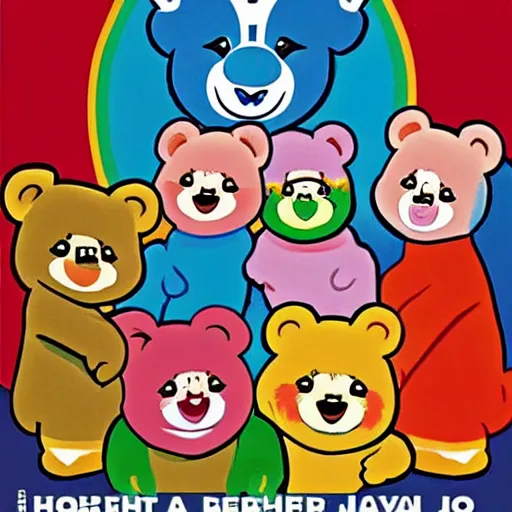 Image similar to the care bears as a military junta soviet propaganda poster