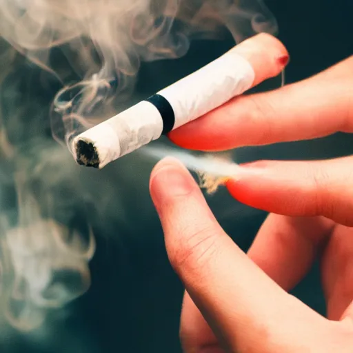 Prompt: Close-up of soft hand holding cigarette with smoke, hyper realistic photo, 4K