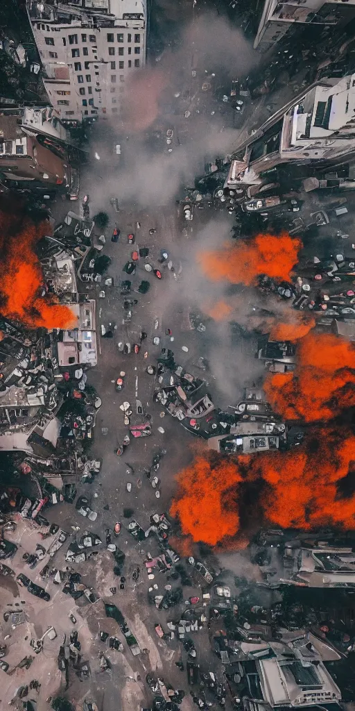 Image similar to post - apocalyptic kreuzberg streets covered in colorful smoke, burned cars, explosions, hyperrealistic, gritty, damaged, drone photography, photorealistic, high details