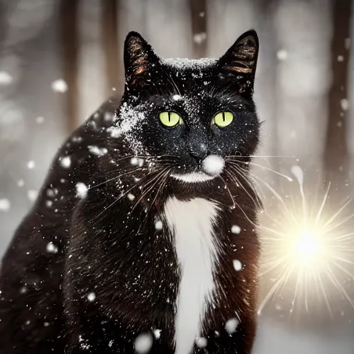 Image similar to Award winning photo of a black cat in a snowy forest at afternoon, lens flare, bokeh, telephoto