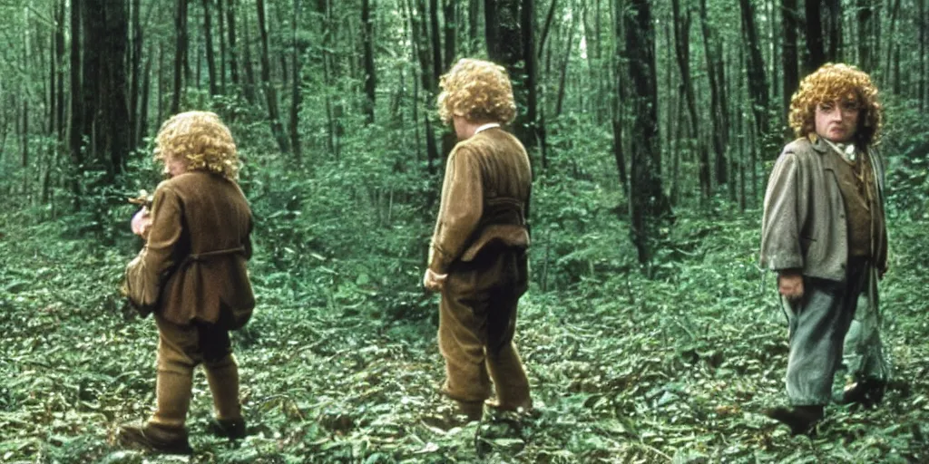 Prompt: A full color still from a Stanley Kubrick film featuring two hobbits with their backs to the camera, in a dark forest, 35mm, 1975