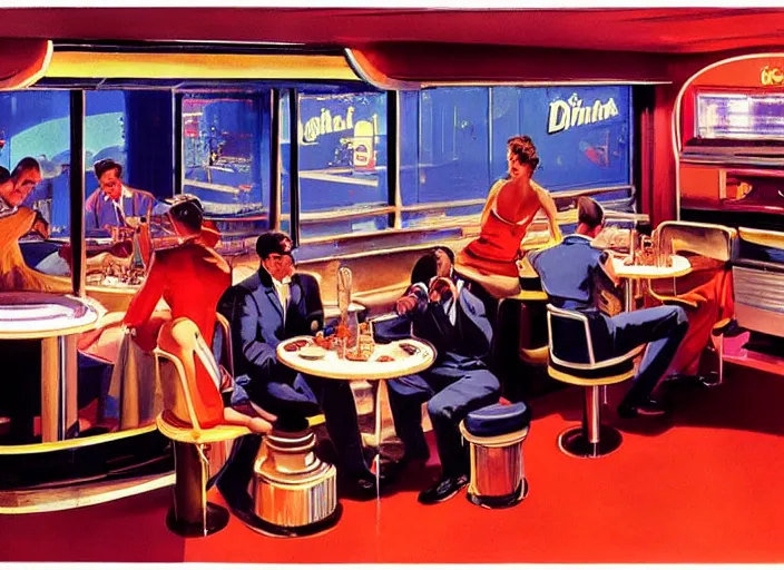 Image similar to diorama, diner, 1950s,jukebox,8K, by syd mead