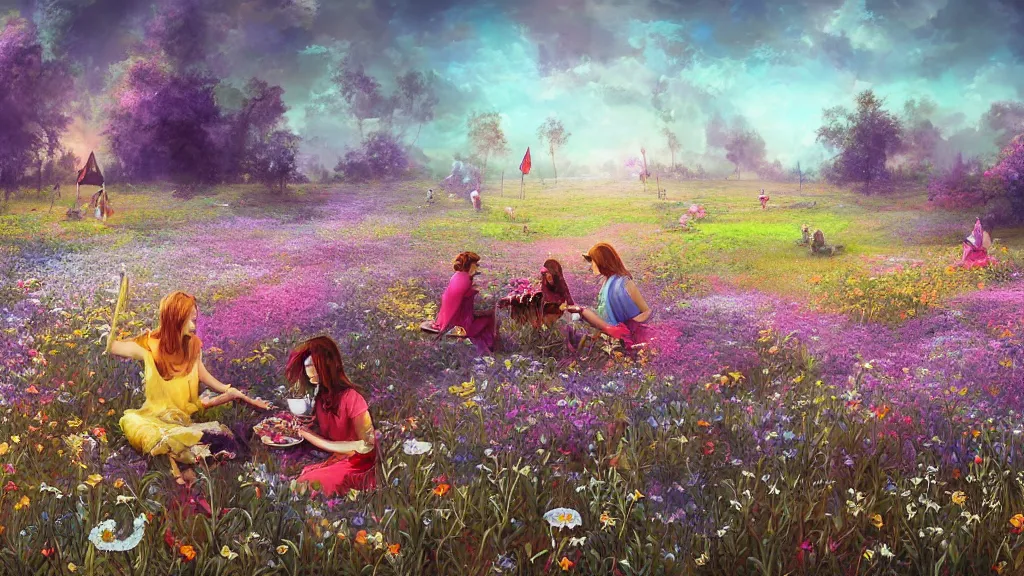 Image similar to a tea party in a field of flowers that ravages the landscape of an ancient civilization. by Ciryl Rolando, hyperrealistic illustration, digital art, studio lightning, art station