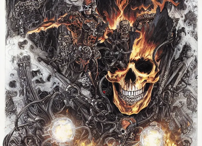 Image similar to a highly detailed beautiful portrait of ghost rider, flaming skull, ( marvel ) penance stare, james gurney, james jean