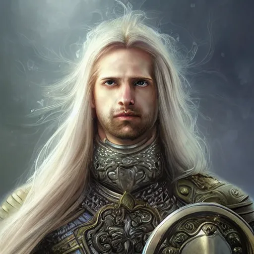 Image similar to portrait, long - haired fantasy paladin in shining armor, blond, rpg game, stern expression, long hair, highly detailed, digital painting, artstation, concept art, smooth, sharp focus, illustration, artgerm, tomasz alen kopera, peter mohrbacher, donato giancola, joseph christian leyendecker, wlop, frank frazetta