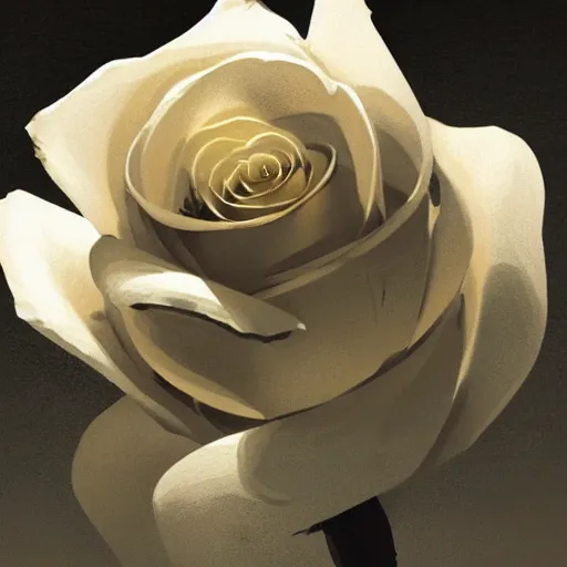 Prompt: a close up illustration of a white rose, dramatic lighting, illustration by Greg rutkowski, yoji shinkawa, 4k, digital art, concept art, trending on artstation