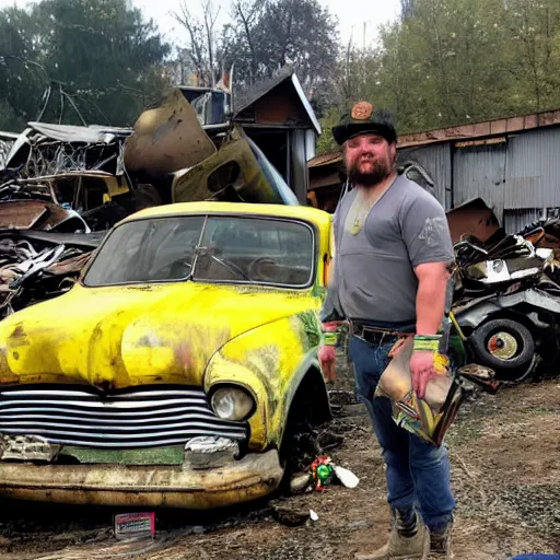 Image similar to Drachenlord guarding a junkyard with a small yellow house