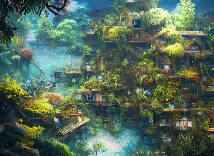 Prompt: overgrown foliage overtaking favela, underwater environment, scenery, professional, award - winning, trending on artstation, detailed, realistic, beautiful, emotional, shiny, golden, picture