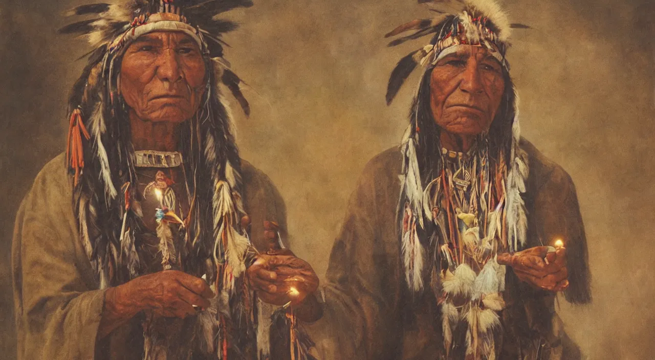 Image similar to a portrait of a native american shaman holding a light