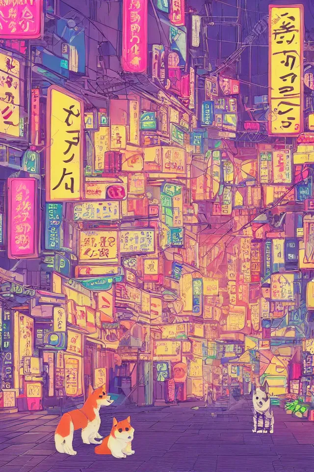 Prompt: a portrait of a shiba inu dog walking through neon streets of tokyo, in the style of studio ghibli, artistic, highly detailed