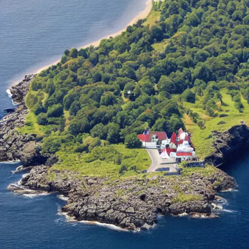 Prompt: the island of bornholm seen from a satellite. people are partying